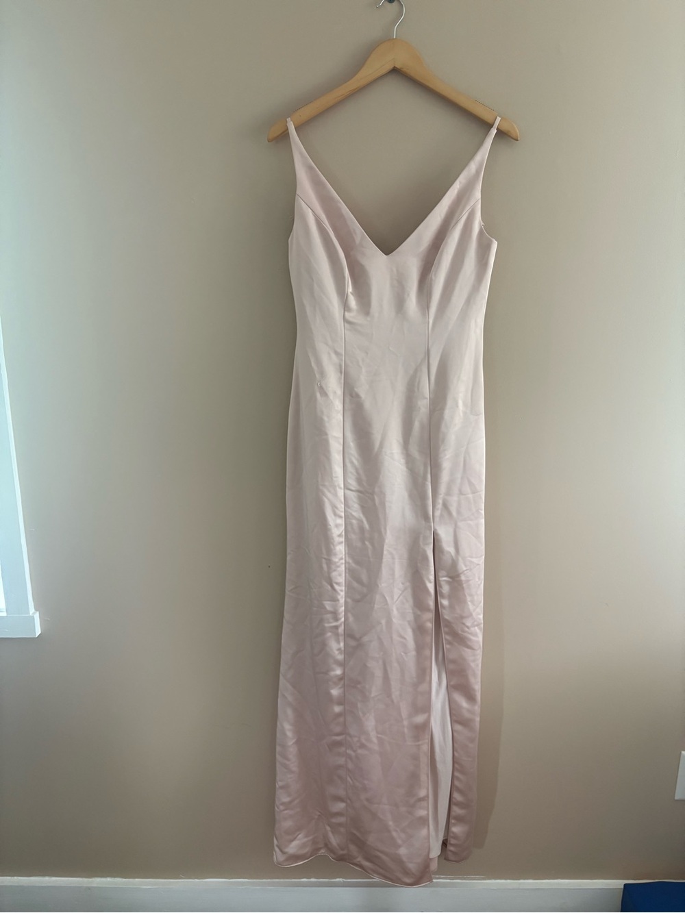 Dessy After Six Draped COWL-BACK Princess Line Dress FRONT SLIT in Cameo Size 4